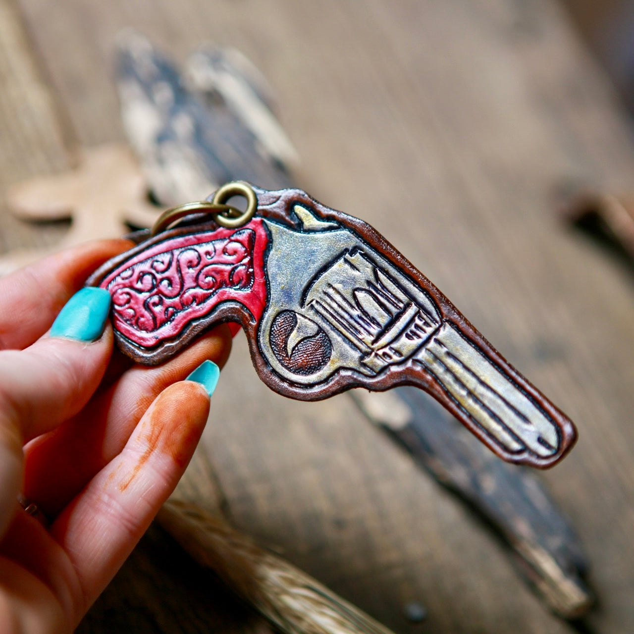 Pink Pistol Leather Keychain